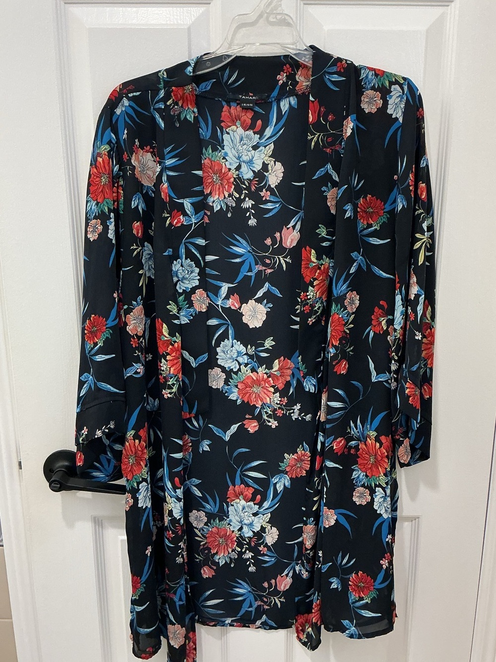 Tahari Black Floral Lightweight Kimono Cardigan with Red and Blue Flowers